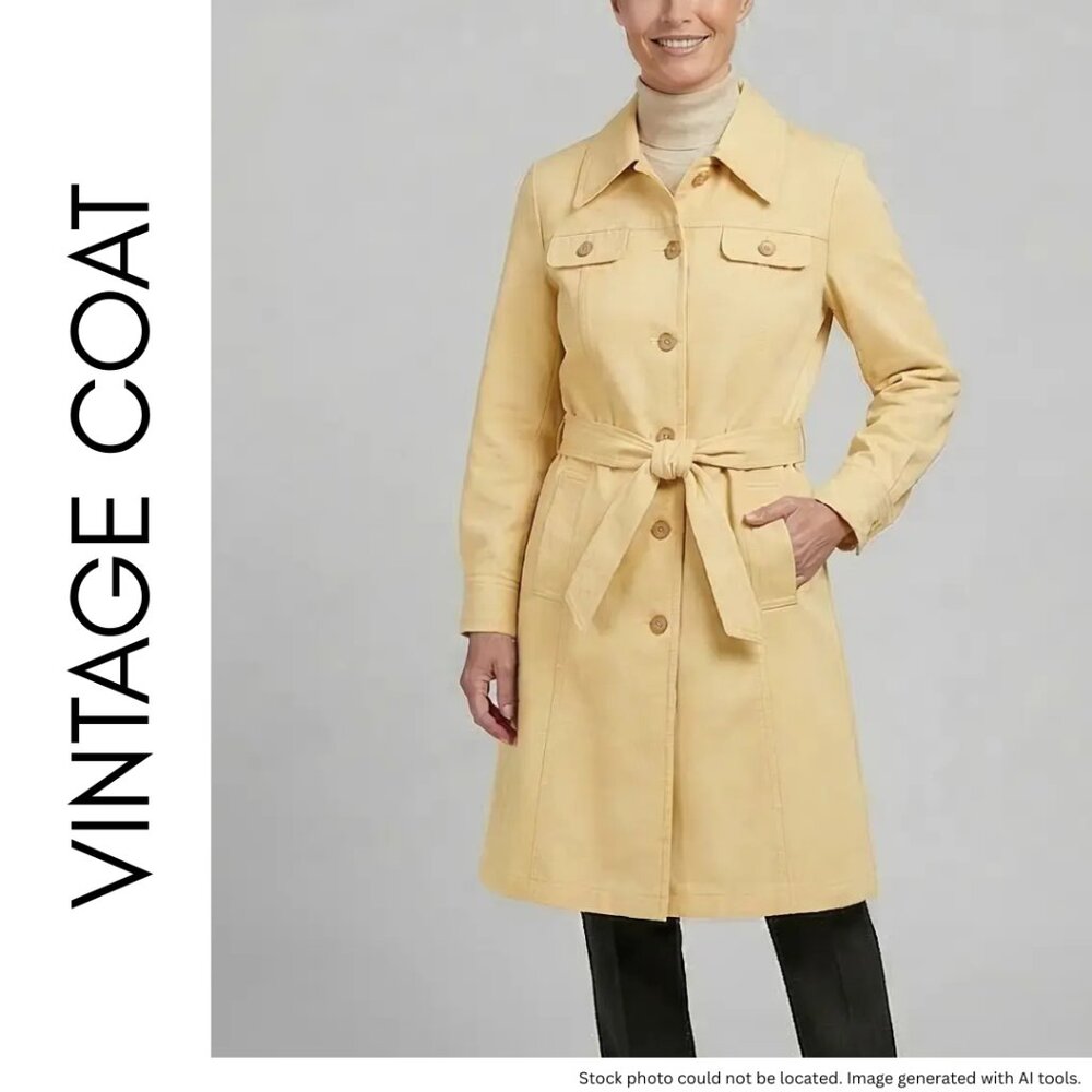 Vintage 80s Atkins Women's Medium Pastel Yellow Trench Coat Belted Raincoat